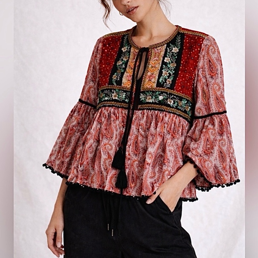 ZARA Paisley Velvet Embellished Boho Topper Jacket L Bell Sleeve Boho Maximalist - Picture 2 of 16
